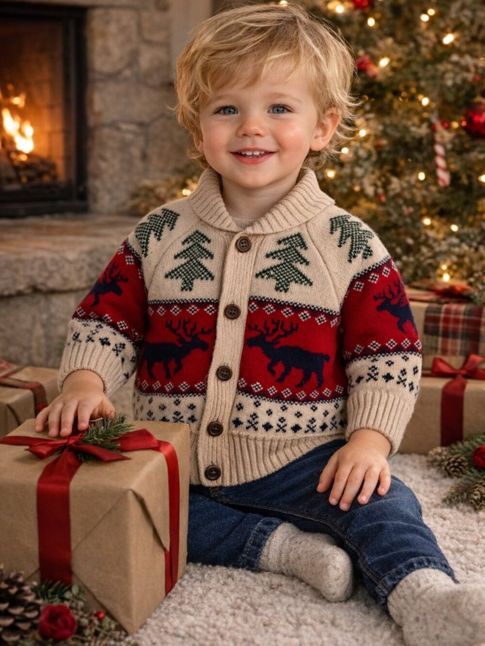 Hatley Kids Red Cream Reindeer Christmas Tree Fair Isle Shawl Cardigan Sweater 2